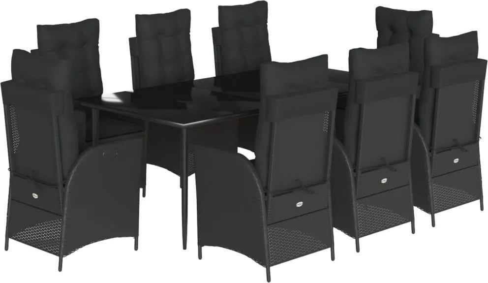 vidaXL 9 részes fekete polyrattan kerti étkezőgarnitúra párnákkal