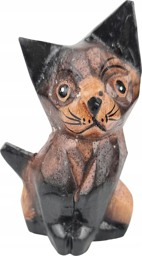 Dekoratív Macska Figura Fa Faragott Kézzel Készített Festett Cica *9 cm
