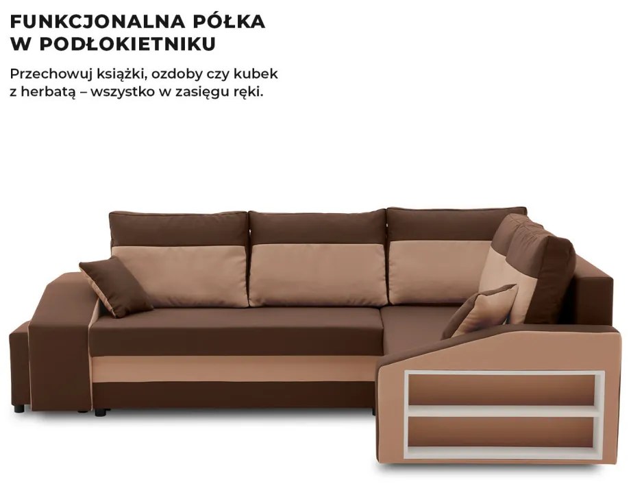 Grande sarokkanapé polcokkal és puffokkal , polc a jobb karfaban puffok a bal karfaban, jobboldali, szövet anyag, bonell töltet, barna