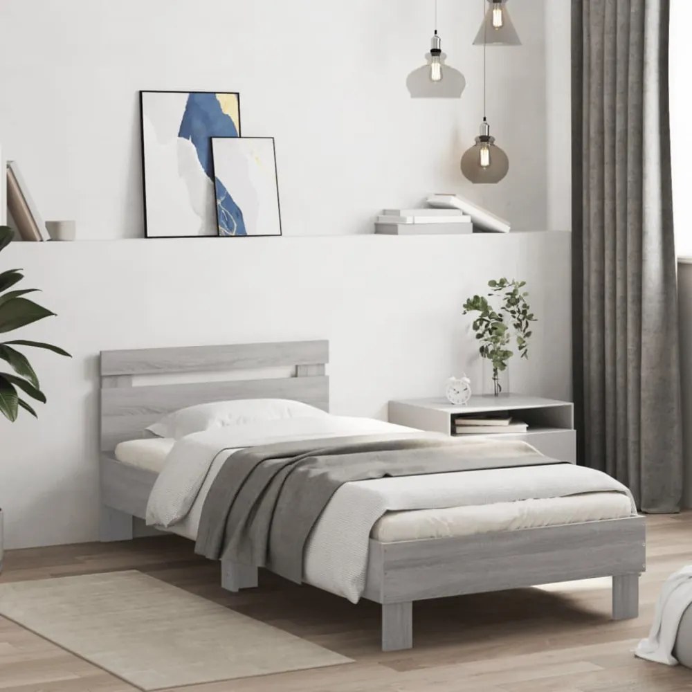 szürke sonoma színű ágykeret fejtámlával és LED-ekkel 90x200 cm