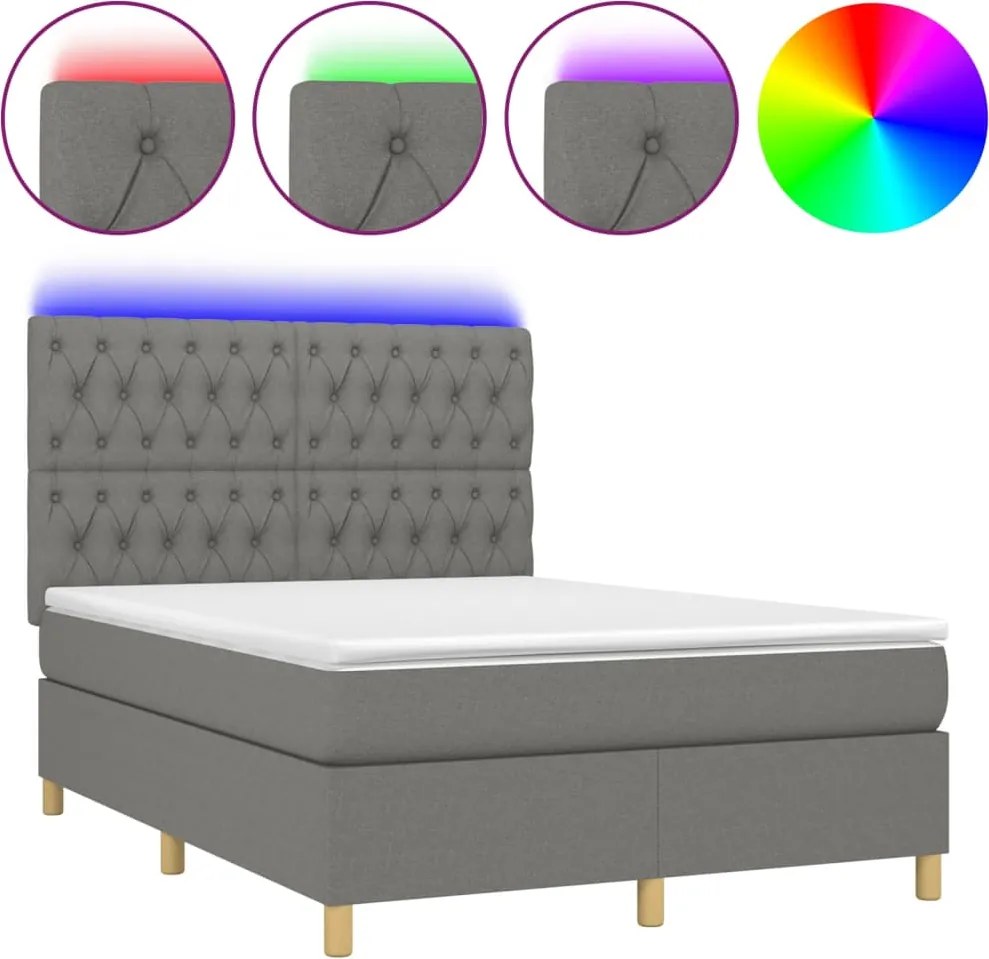 vidaXL sötétszürke szövet rugós és LED-es ágy matraccal 140x200 cm