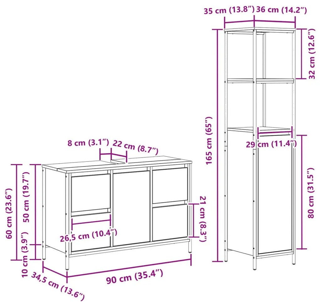 Fürdőszoba bútor szett fiókkal 2 pcs Sonoma tölgy és Fekete