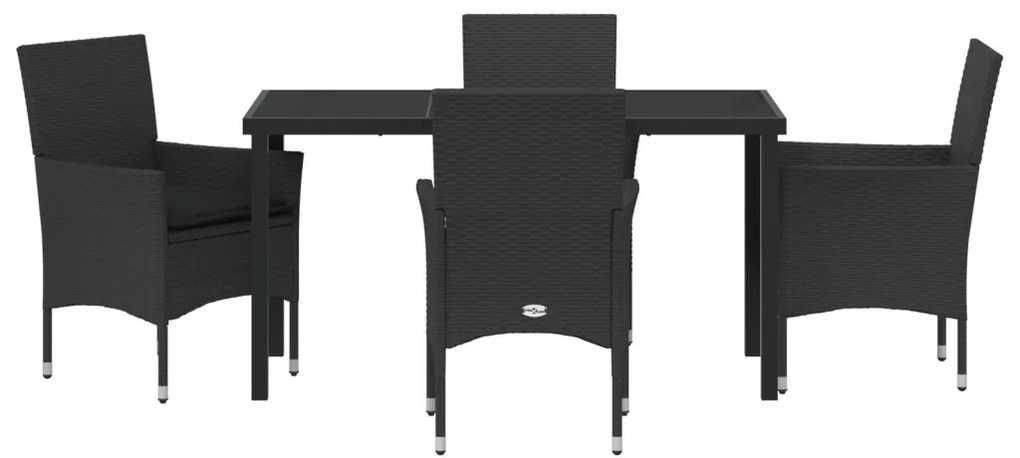 5 részes kerti étkezőszett párnákkal fekete polirattan, Kerti asztal fekete 140x80x73 cm edzett üveggel