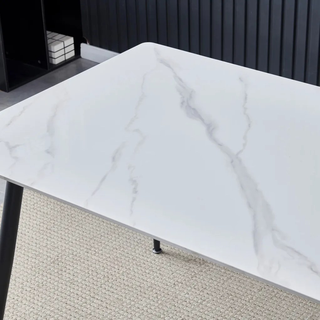 Set de dining 1+4, masă 130x70, blat din piatră sinterizată cu imitație de marmură alb mat, scaune tapițate cu material textil verde, finisaj negru lăcuit.