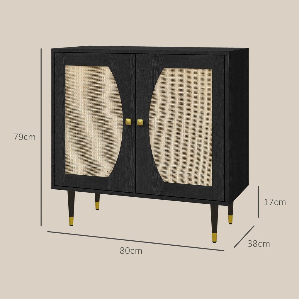 HOMCOM Bohemian Stílusú Konyhai Büfé Tárolószekrény Kétajtós, 2 Szint, Rattan Előlap, 80 x 38 x 79 cm, Fekete | Aosom