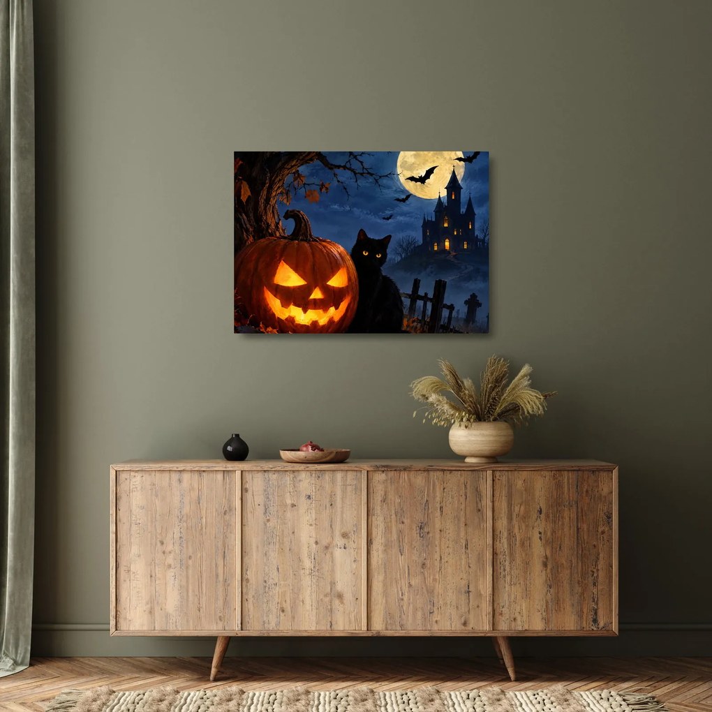 Üveg kép - Fekete macska egy világító halloweeni tök mellett (70x50 cm)