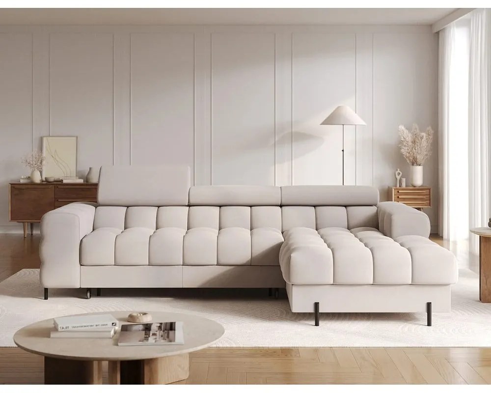 Bézs bársony kinyitható-tárolóhelyes sarokkanapé (jobb oldali-heverő résszel) Felro – ELTAP