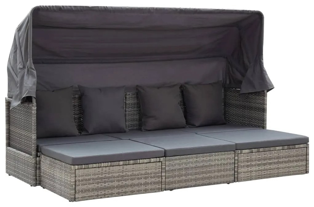 Szürke polyrattan kerti napozóágy tetővel