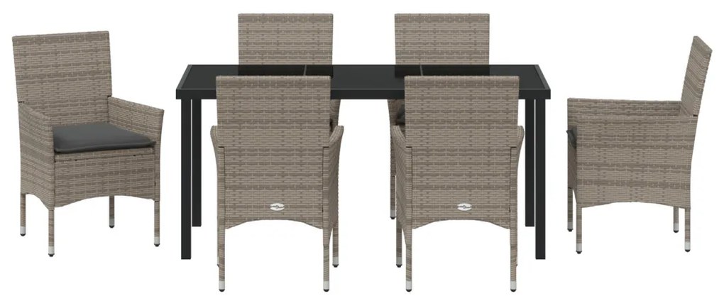 7 Darabos Kerti Étkező Készlet Párnákkal Szürke Polirattan, Kerti Asztal Fekete 160x80x73 cm Edzett Üveg