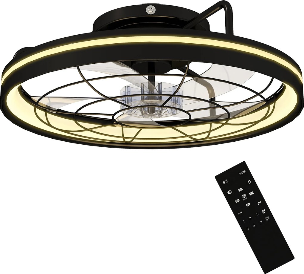 HOMCOM mennyezeti ventilátor lámpával, távirányítóval, 48 cm, 40 W LED, 3 színhőmérséklet, időzítő, 6 sebesség, dimmelhető, csendes DC motor, fekete |