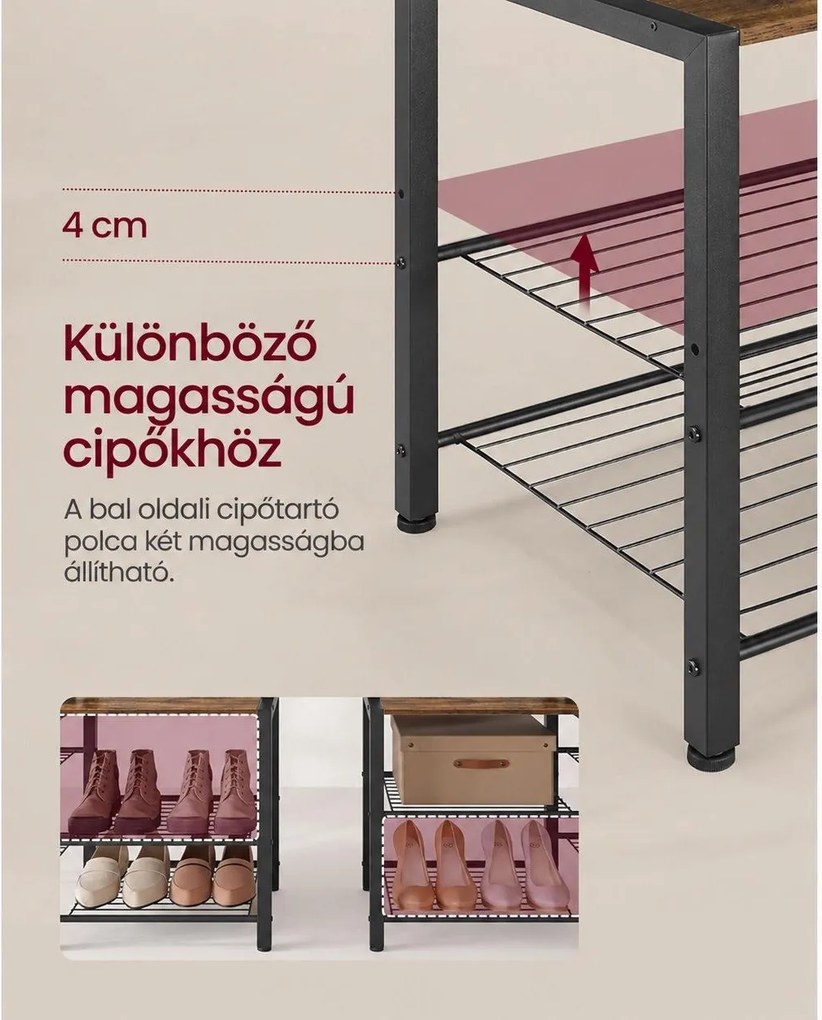 Előszobafal cipőpaddal, 9 akasztóval, 6 oldalsó kampóval és 5 tárolópolccal, 120 x 40 x 190 cm, rusztikus barna és tintafekete