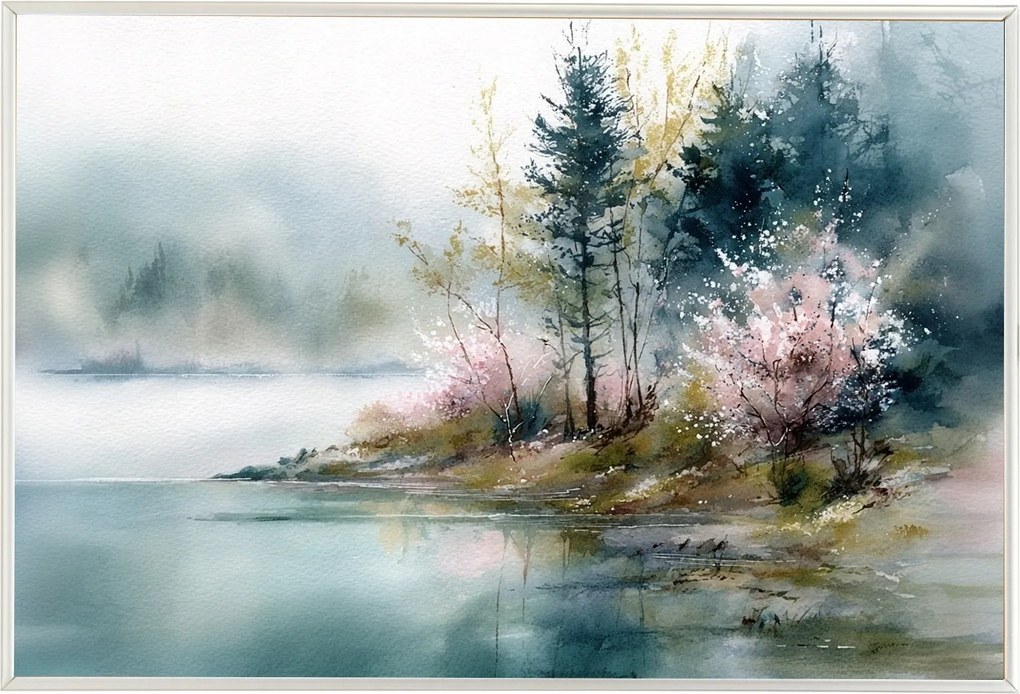 Poszter Keret Alumínium Tájkép Tó Part Fák Tavasz Köd 60x40