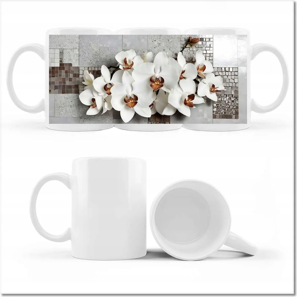Nyomott mintás bögre Fehér orchideák és mozaik