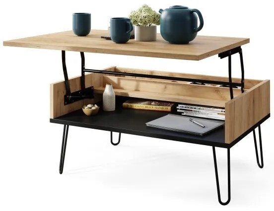 HALIJA dohányzóasztal emelhető asztallappal és polccal, craft tölgy/fekete