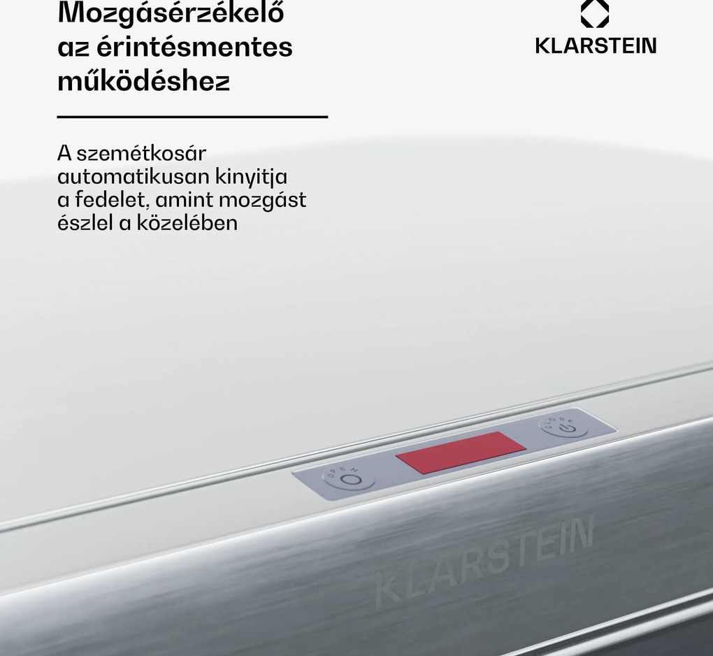 Klarstein Touchless, szenzoros szemétkosár, 56 l, rozsdamentes acélból, 3 kosár, Soft-Close záródás, elemmel működő, LED kijelző, időzítő