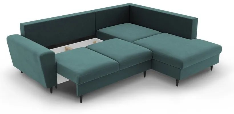 Petróleum színű bársony kinyitható tárolóhelyes sarokkanapé (jobb oldali-L alakú) Kyoto – Cosmopolitan Design