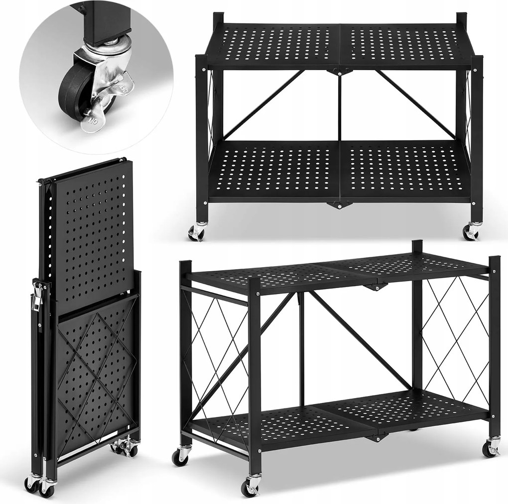Összecsukható fém tároló állvány Higher kerekekkel fekete 2 polc mobil
