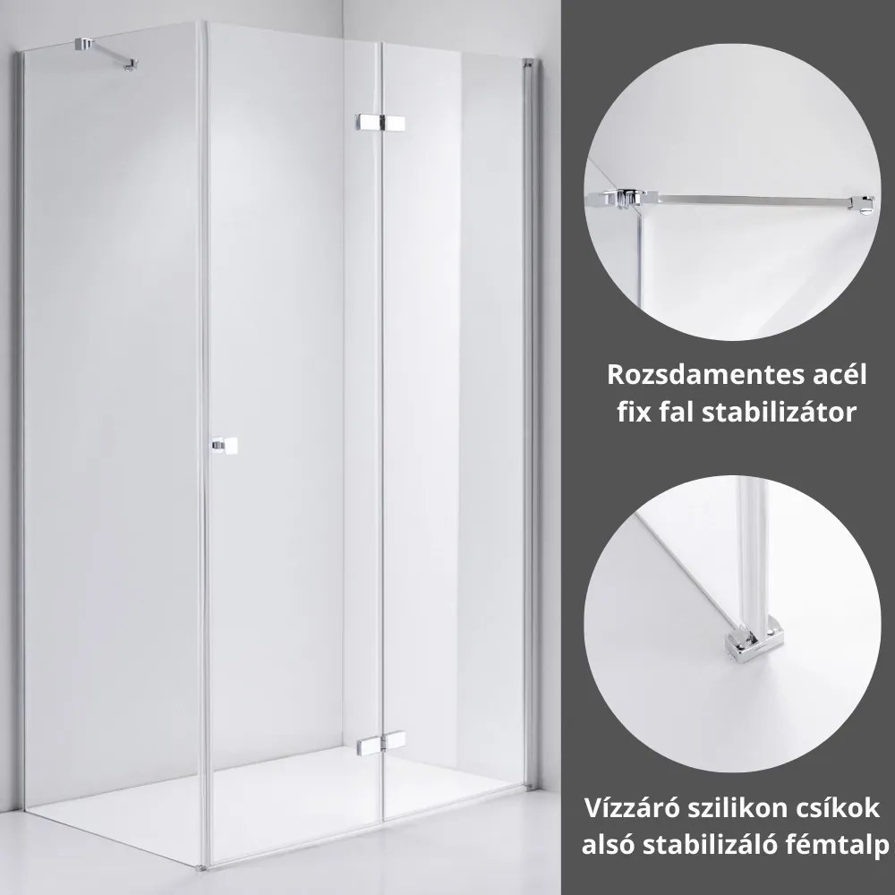 Stuxi Verona 90x80 aszimmetrikus csuklóajtós zuhanykabin 6 mm vízlepergető biztonsági üveggel, króm