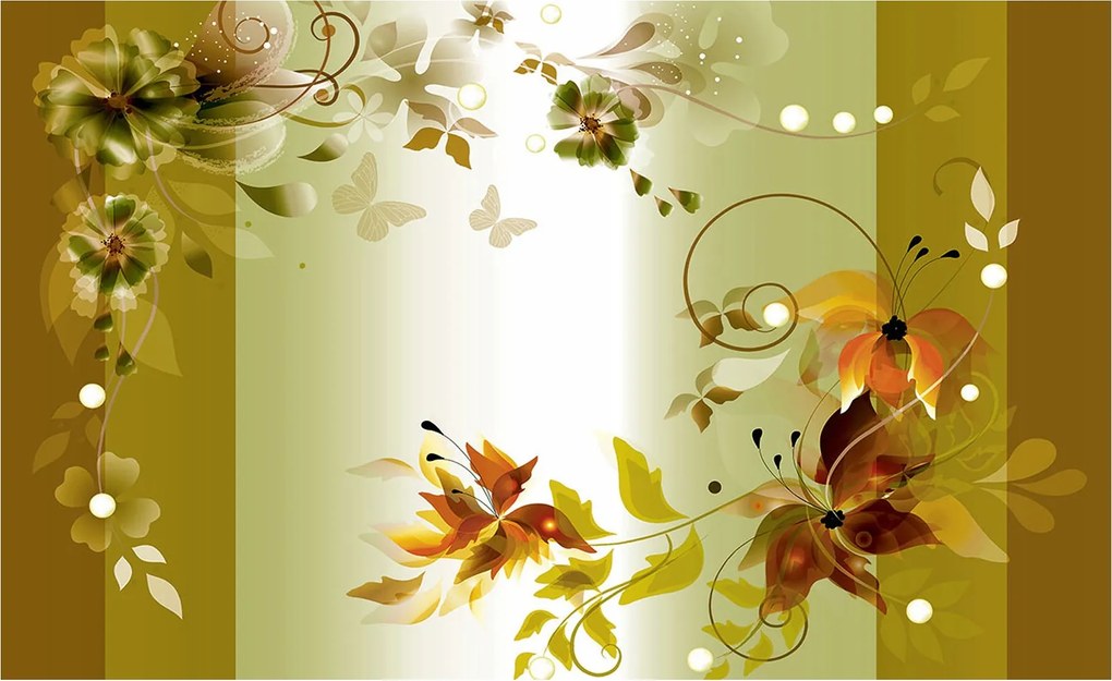 Fotótapéta Virágok és pillangók olíva pasztell árnyalatokban 208x146 +ragasztó