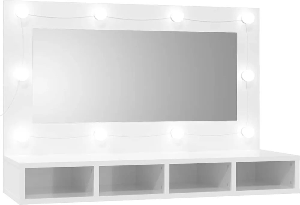 Magasfényű fehér tükrös szekrény LED-ekkel 90 x 31,5 x 62 cm