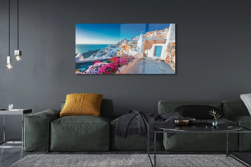 Üvegképek Épületek Görögország tenger virág 125x50 cm