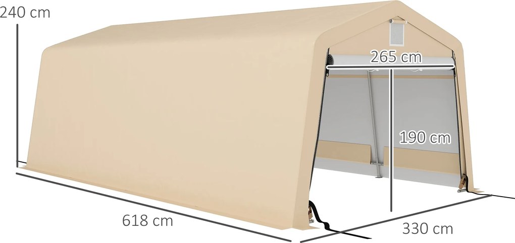 Outsunny Autóbeálló Sátor 6,2 x 3,3 x 2,4 m Erős Galvanizált Acél Magas Sűrűségű 150 g/m² PE Vízálló Anti-UV, 1 Khaki Ajtó és 2 Szellőző | Aosom
