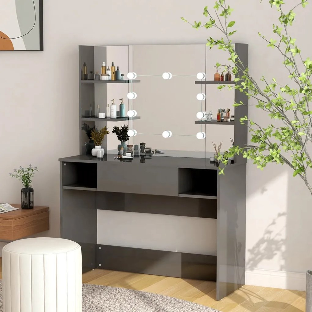 fényes szürke LED-es MDF sminkasztal 100 x 40 x 135 cm
