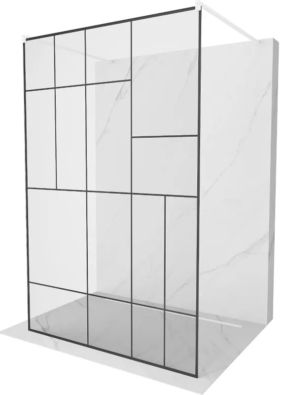 Mexen Kioto, átmenő zuhany paraván 130 x 200 cm, 8mm átlátszó / fekete üvegminta, 2x fehér stabilizáló távtartó, 800-130-002-20-78