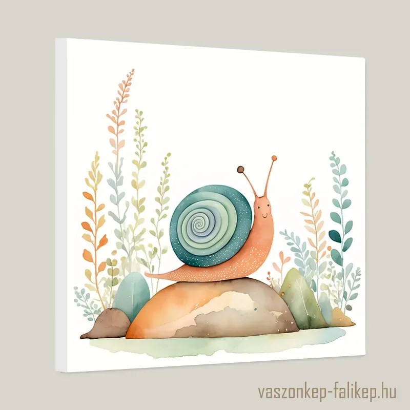 Vidám kis csiga illusztráció akvarell – derűs gyerekszoba dekoráció 40x40cm