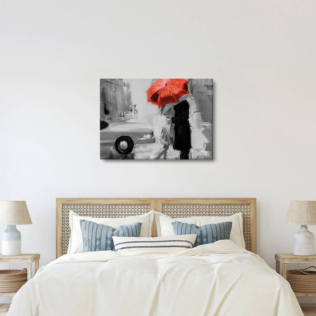 Kép - Szerelmespár egy esernyő alatt, piros (70x50 cm)