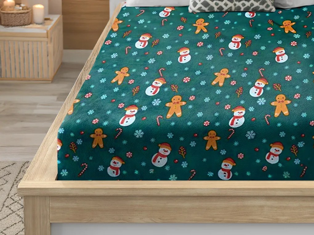 SNOWMAN AND GINGERBREAD 160x200 cm zöld mikroplüss lepedő