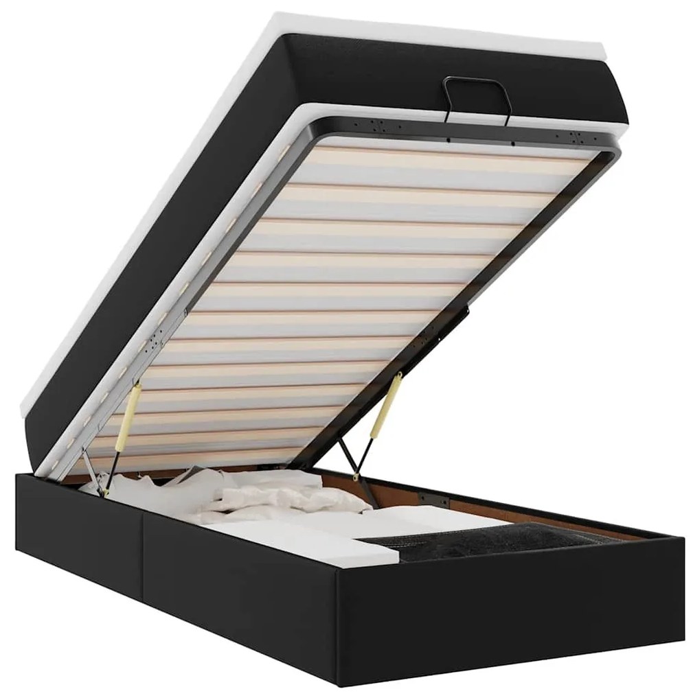 Ottomán ágykeret matraccal Fekete 90x190cm műbőrrel