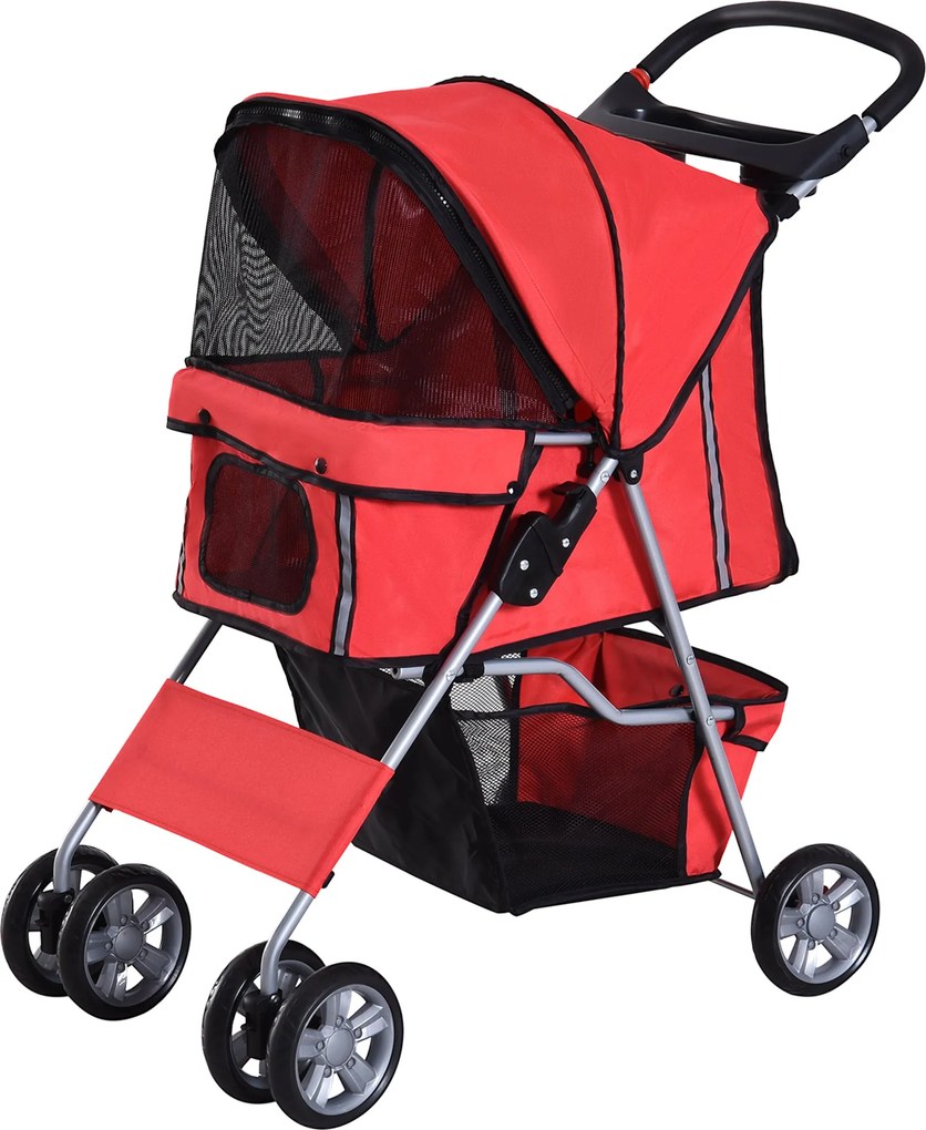 PawHut Kutyakocsi, Összecsukható Háziállat Kocsi Kisméretű Kutyák és Miniatűr Kutyák számára, Macska Kocsi Tárolókosárral, Kupa Tartóval, Hálós Ablako