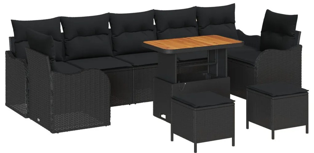 10 darabos kerti kanapé szett párnákkal, fekete, poli rattan, akác, 2 személyes kerti kanapé tárolóval és párnákkal, fekete poli rattan, 3 darabos kerti étkező szett párnákkal, fekete poli rattan, akác