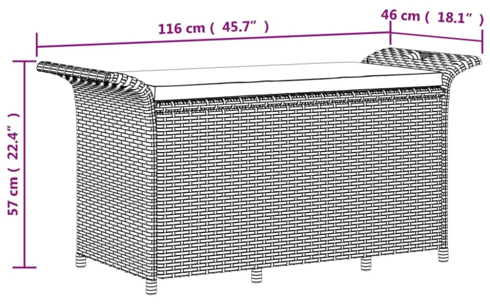 barna polyrattan kerti pad párnával 116 x 46 x 57 cm