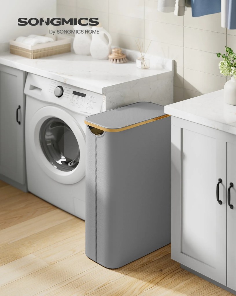 Fedeles mosókosár, 65L, levehető hálós bélés, bambusz fogantyúk, galambszürke