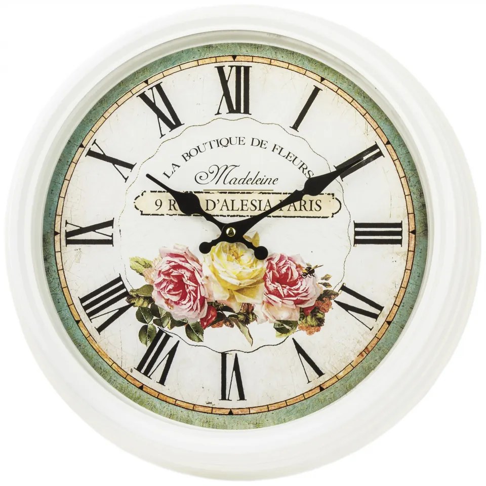 La Boutique De Fleurs Paris vintage koptatott rózsás kerek fehér kvarc falióra római számokkal 39x39x9cm