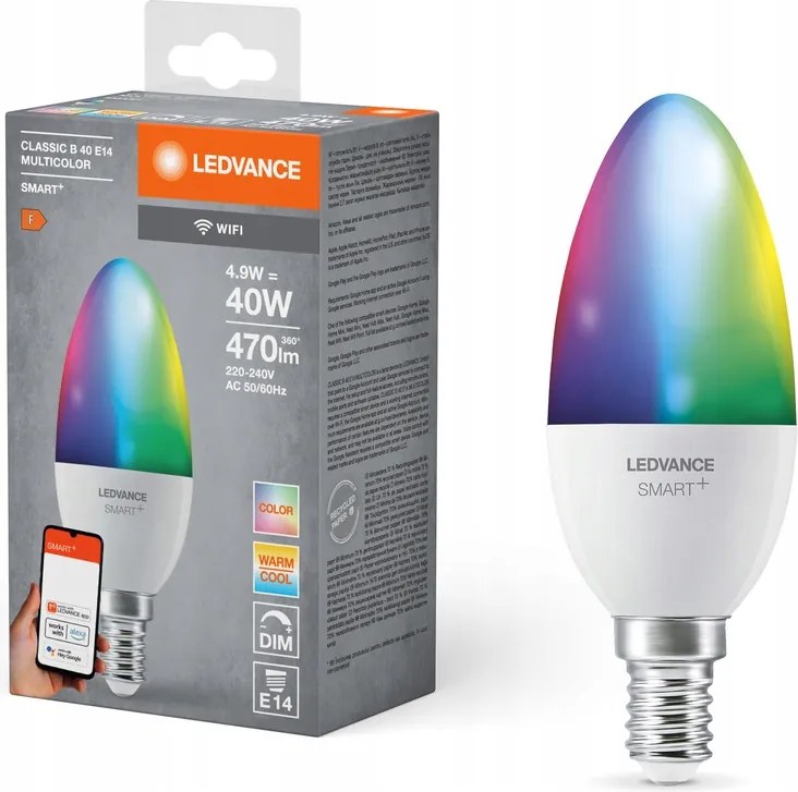 Led izzó E14 Gyertya 4.9W 470lm Cct Rgb Tompítható Smart+ WiFi Candle