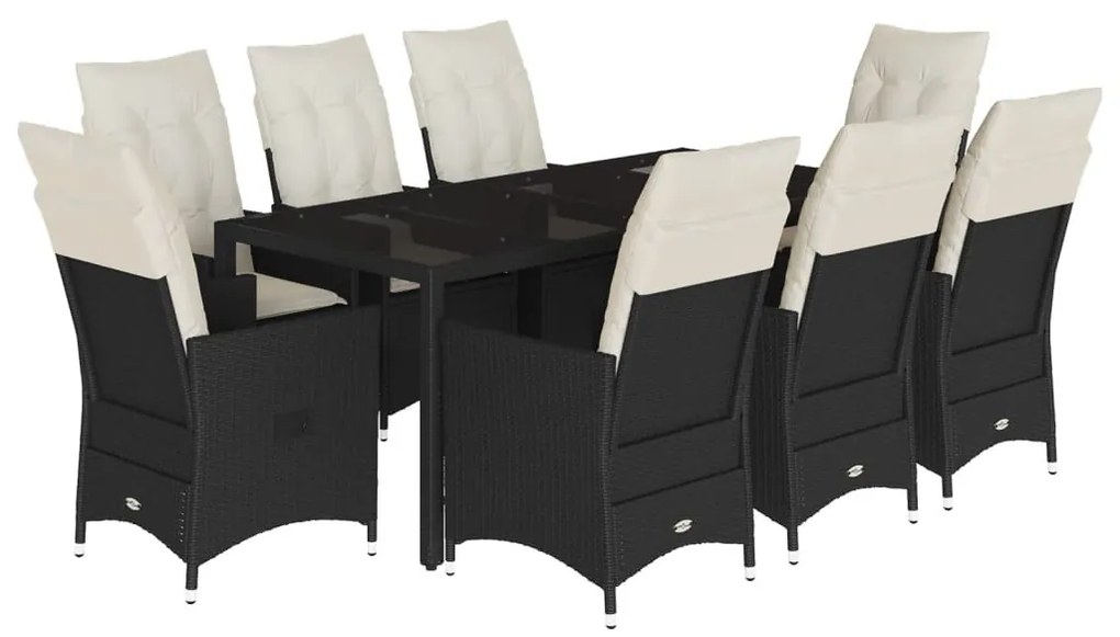 9 részes fekete polyrattan kerti étkezőgarnitúra párnákkal