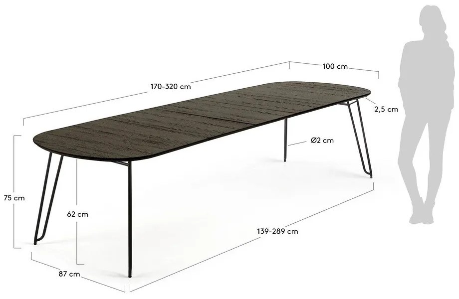 Sötétbarna bővíthető étkezőasztal kőrisfa dekoros asztallappal 100x170 cm Milian – Kave Home