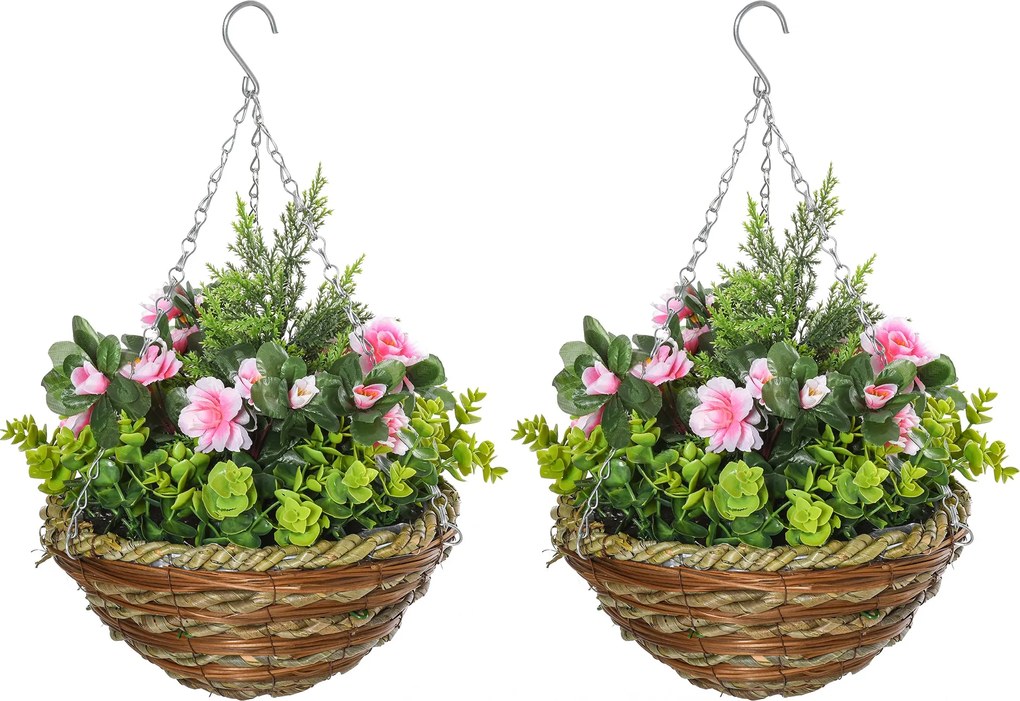 Outsunny 2 db Műlisianthus Növény Kaspóval és Akasztóval, Műnövények PE-ből és Fonott Anyagból, Ø25x34 cm, Zöld és Rózsaszín | Aosom