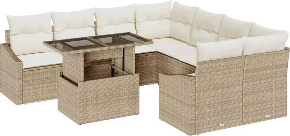 vidaXL Kerti Kanapé Szett párnával 9 pcs Beige és krém polirattan