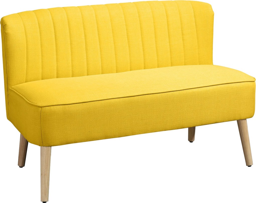 HOMCOM kar nélküli kétszemélyes szövetkanapé dekoratív varrással — párnázott, helytakarékos modern kanapé gumifa lábakkal, 117 x 56,5 x 77 cm, sárga |