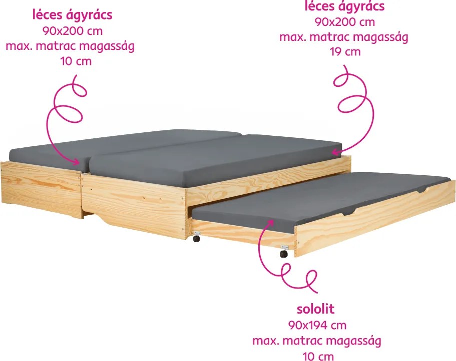 Ágy kihúzható pótágyakkal, természetes, tömörfa, 90x200, FLOPY