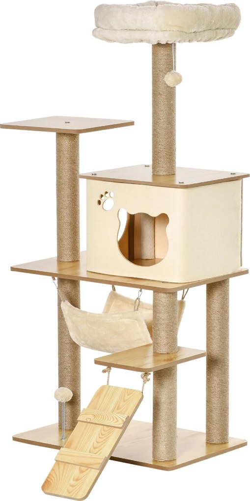 PawHut Macskafal Karmolóoszlop Macskáknak, Faház, Kókuszrost Kenderrel, Nagy Platform, Játék Golyo, 130 cm Magas, Stabil Plüss - Sárga, 60 x 40 x 130