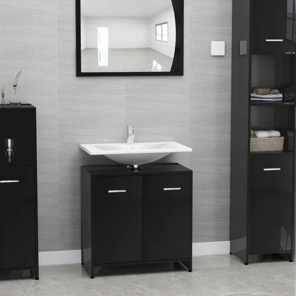 Magasfényű fekete forgácslap fürdőszobaszekrény 60 x 33 x 58 cm