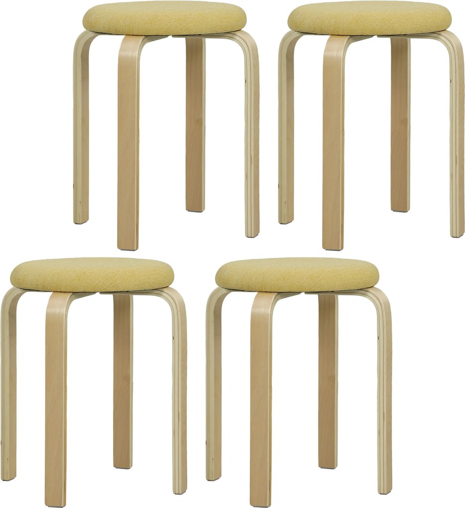 HOMCOM 4 Darabos Halmozható Kerek Konyhai Alacsony Részegységek Párnázott Üléssel Étkezőbe, Hálószobába, Irodába, Nappaliba Sárga és Természetes Színb