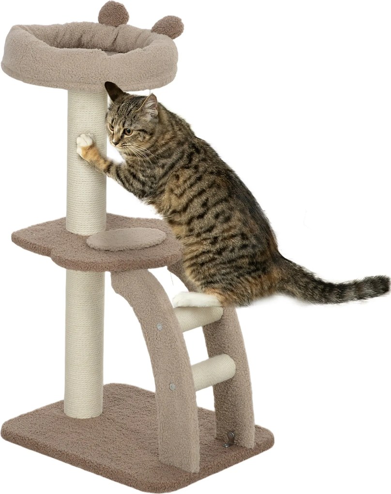 PawHut Macska Kaparófa 88 cm Magasságú Macska Torony Fészek Panelekkel, Lógó Gömbbel, Lépcsővel és Zsineges Oszloppal Barna | Aosom