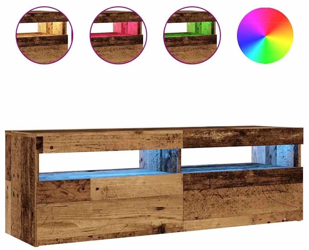 antik fa színű szerelt fa TV-szekrény LED-ekkel 120x35x40 cm