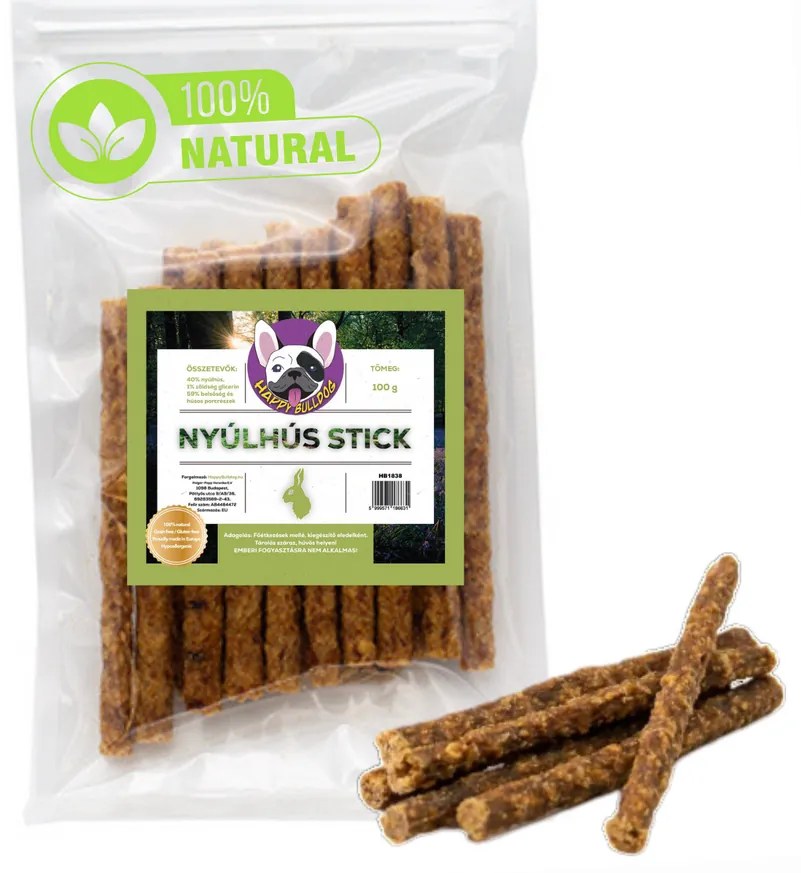 100% Természetes nyúlhús stick, 100 g, HAPPY BULLDOG